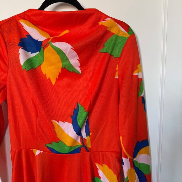 Vintage 70's Orange Midi Dress with high neck sz Large - Picture 2 of 3